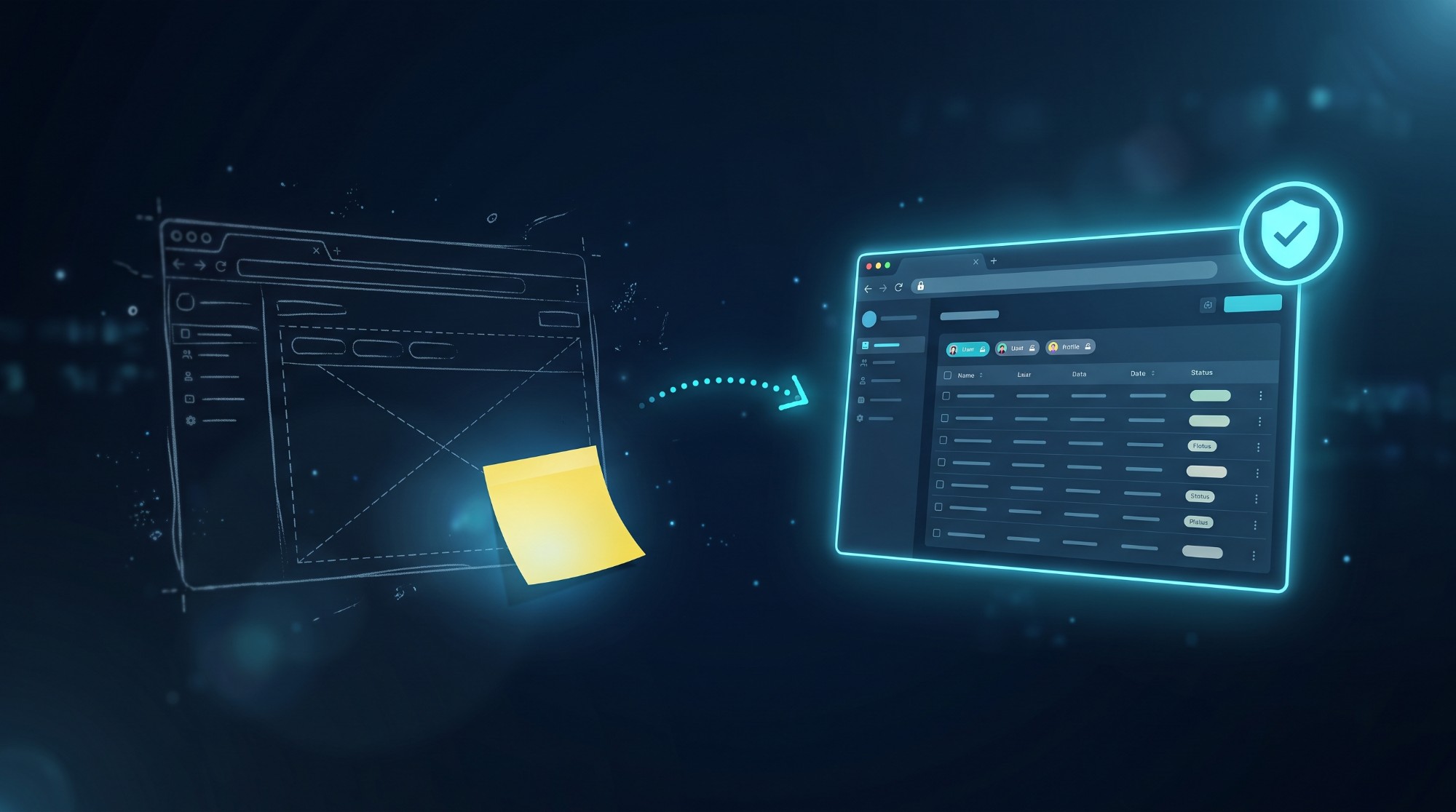A rough wireframe sketch of an app with a sticky note, turning into a polished, secure business dashboard with a shield icon